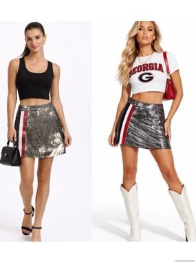 Queen of Sparkles Red Black Silver Stripe Sequin Mini Skirt/Skort UGA XS💚